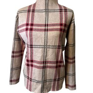 Nicole Miller Sweater Small Tartan Plaid Beige Mock Neck Red Black Windowpane